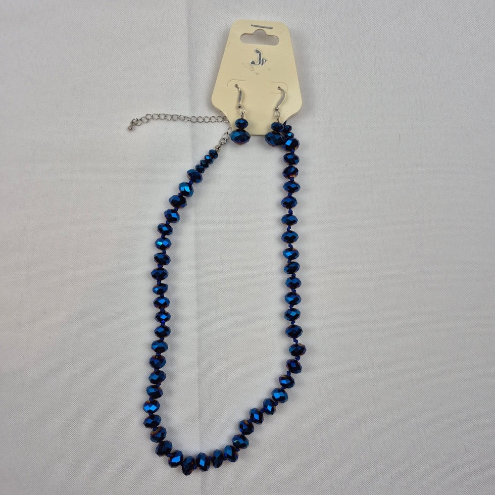 Vtg Blue Faceted Bead Necklace Earrings Set 20" Crystal‎ Glass Style NOS Sparkle